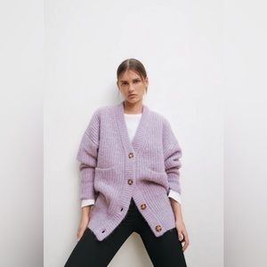 Zara oversized lilac knit cardigan with front patch pockets